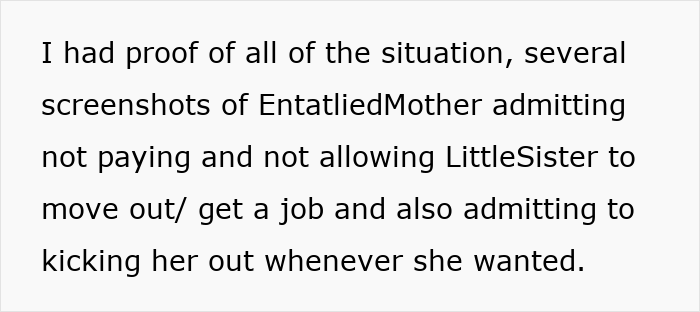 Proof with screenshots of entitlement and eviction from youngest sister