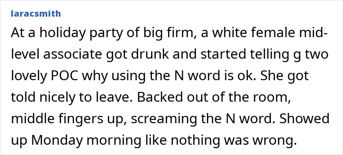Office drama story about a white female associate causing a scene at a holiday party