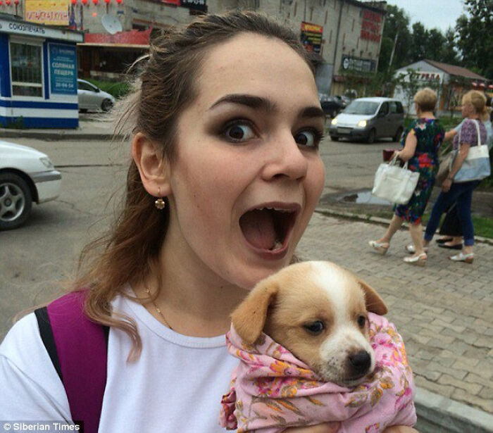 Woman holding puppy with shocking creepy photo effect in street
