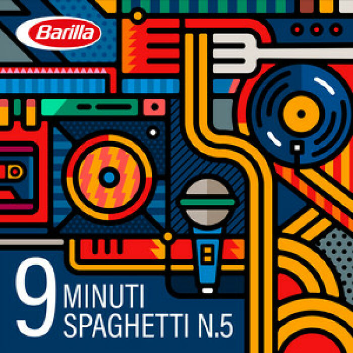 Colorful abstract art featuring Barilla spaghetti and music elements