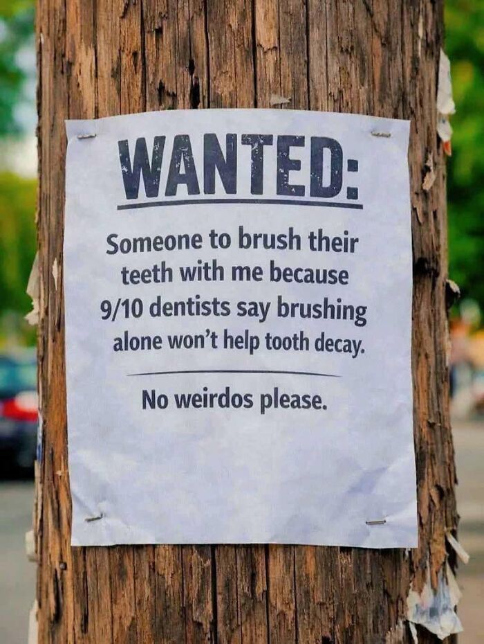 Humorous wanted sign seeking partner to brush teeth with