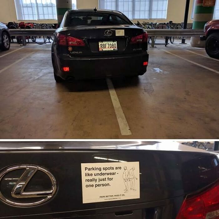 Car awkwardly parked over line with sticker about parking spots and underwear