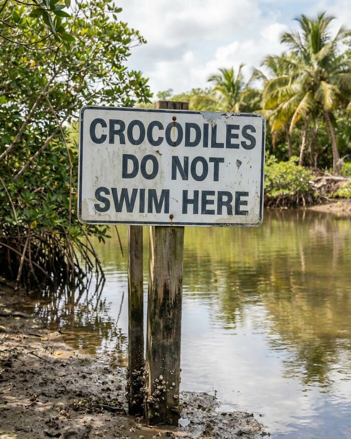 Warning sign near water stating crocodiles do not swim here with tropical background