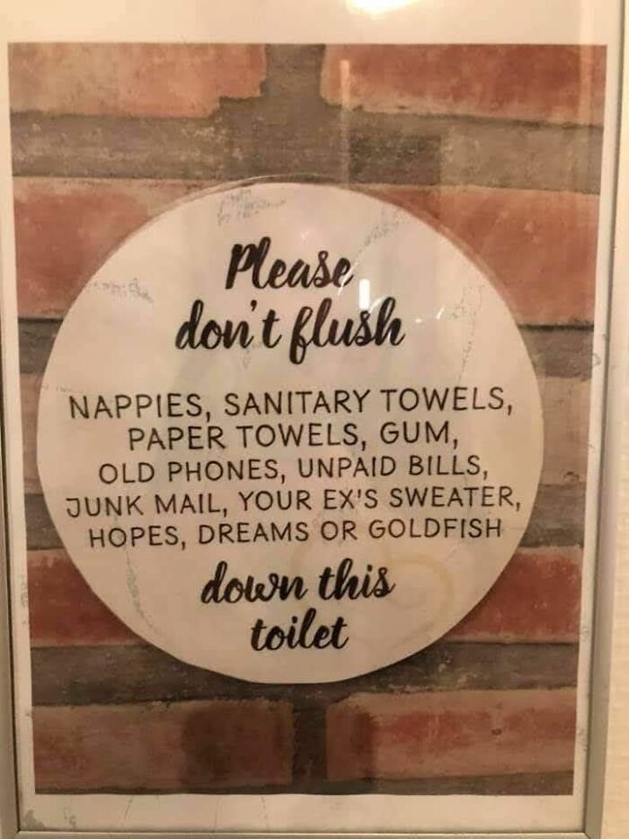 Funny toilet sign listing things not to flush including hopes, dreams, and ex's sweater