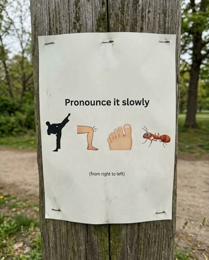 Humorous sign with emojis instructing to pronounce slowly