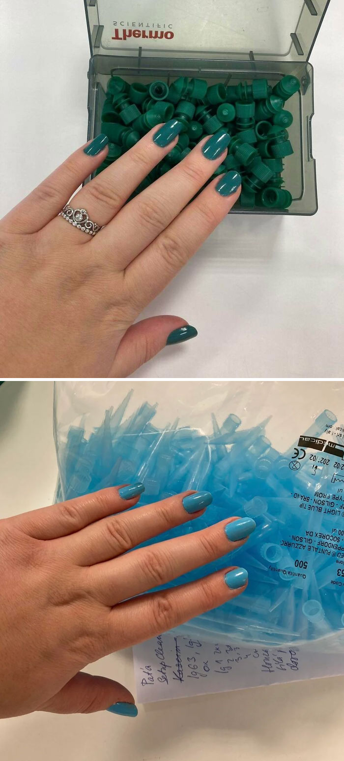 Two satisfying photos of accidental color matches. Top: Teal nails match green caps. Bottom: Blue nails match blue pipette tips.