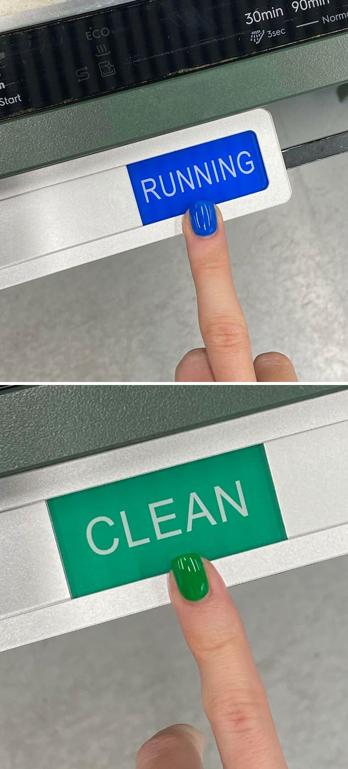 A finger with blue nail polish pointing to a RUNNING sign, then green nail polish pointing to a CLEAN sign. Accidental color matches that lower your cortisol levels.