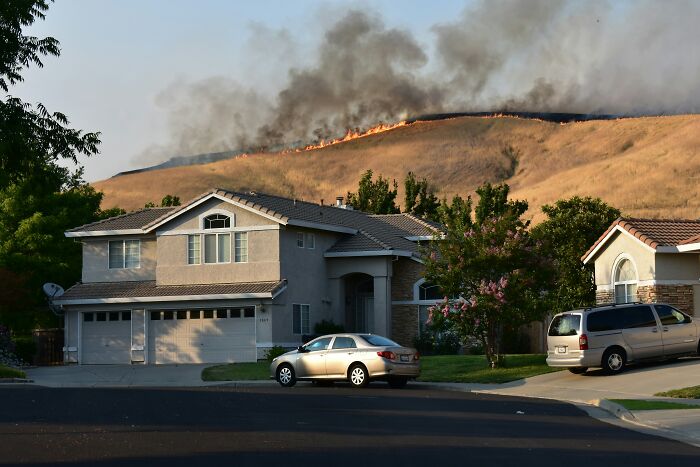 Hillside wildfire near suburban homes during January 6 disaster
