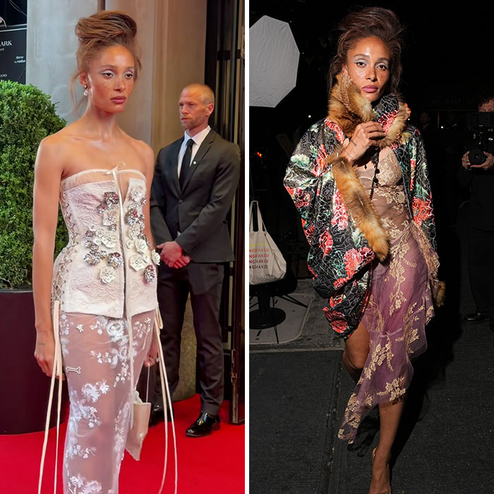 A celebrity in two different Met Gala Afterparty fashion looks: a white ornate gown then a kimono with fur trim.