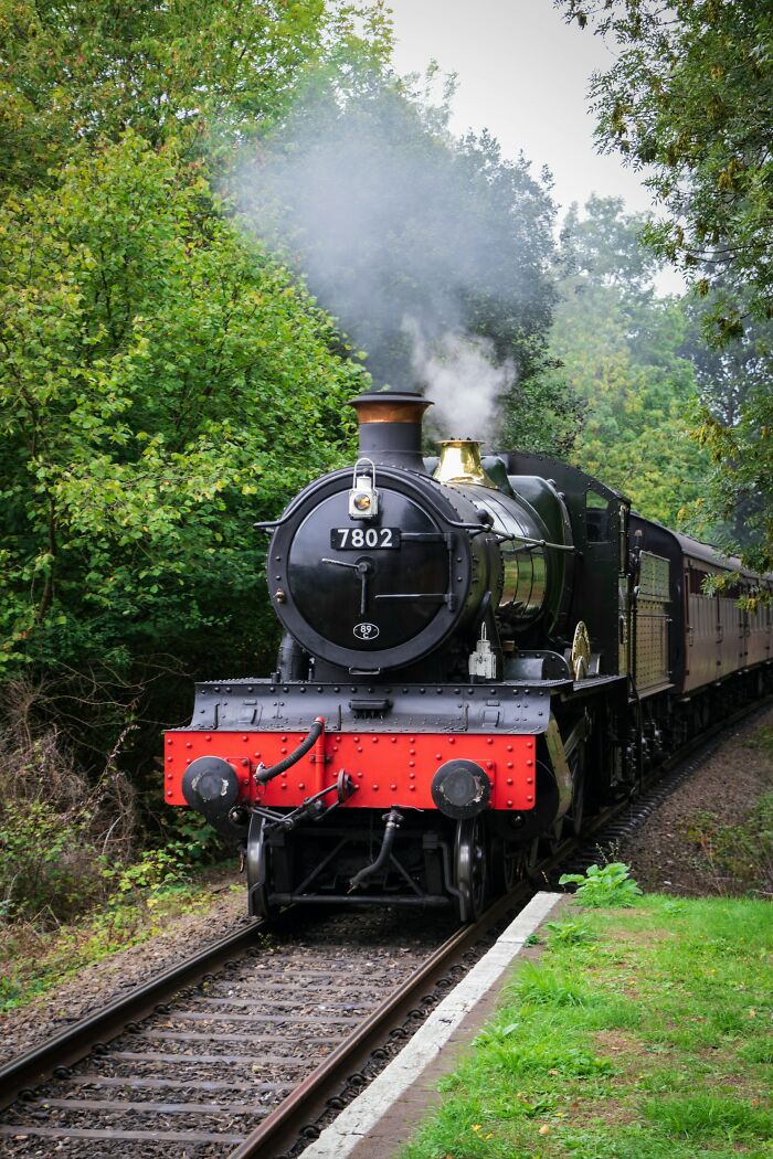 A classic black steam locomotive, number 7802, emits white smoke as it moves through green trees. Disturbing d***h stories.