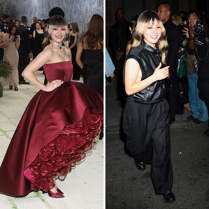 A star's fashion transformation, shedding an elaborate Met Gala look for a casual Met Gala Afterparty outfit.