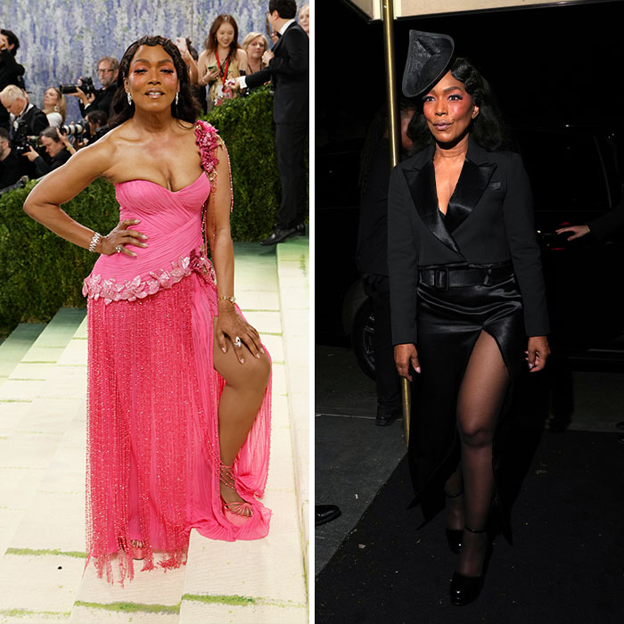 Angela Bassett's Met Gala fashion transformation from a pink gown to a chic black afterparty look.