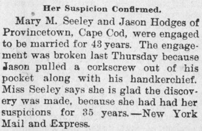 Hilarious newspaper story about broken engagement after 43 years