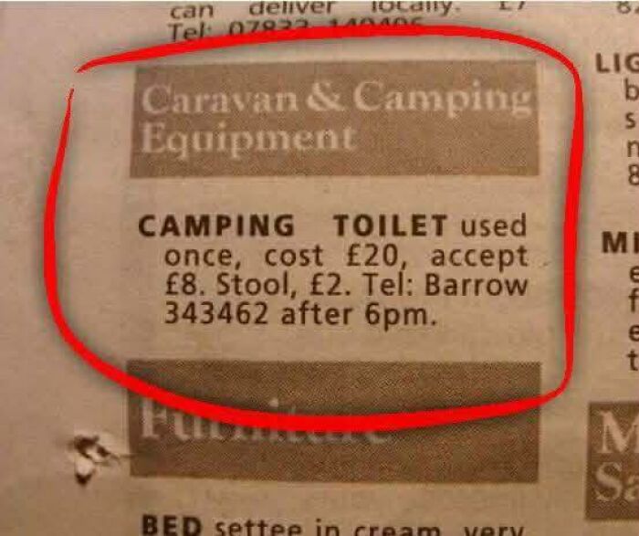 Humorous camping equipment ad about used camping toilet for sale