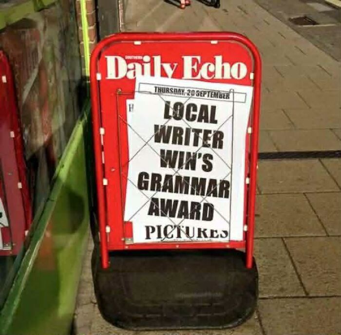 Humorous local headline on daily echo about writer winning grammar award