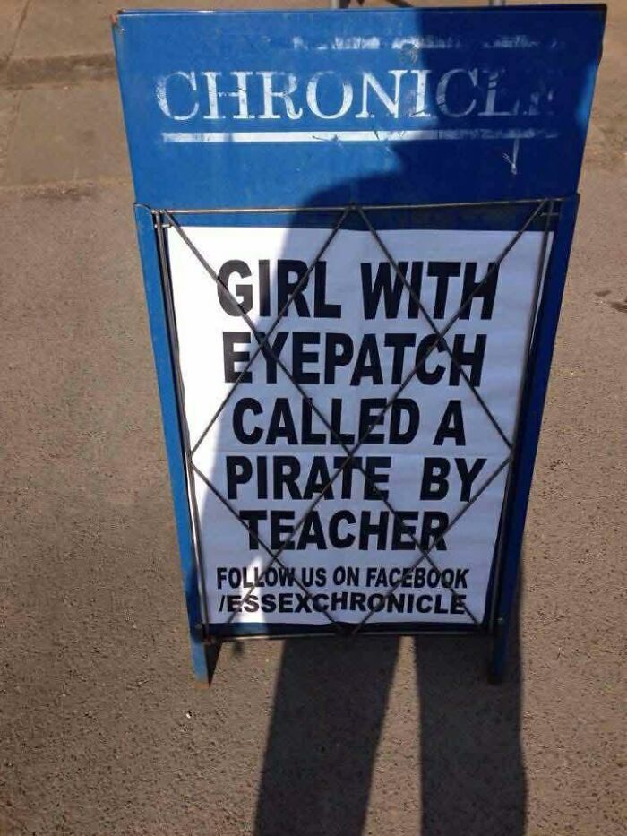 Comic newspaper headline about girl with eyepatch called pirate by teacher