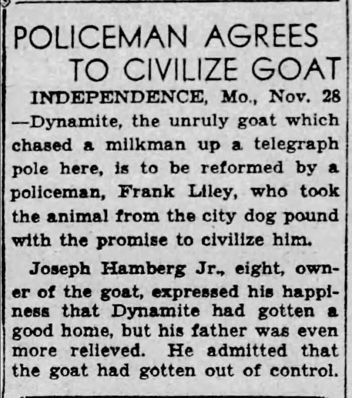 Old newspaper clipping about policeman agreeing to civilize a goat