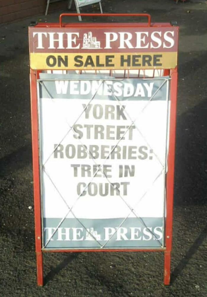Funny press sign about York Street robberies with tree in court