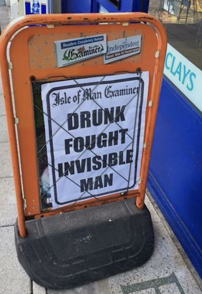 Humorous headline about a drunk man fighting an invisible man