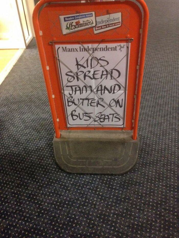 Amusing newspaper headline about kids spreading jam and butter on bus seats