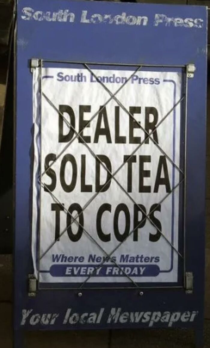 Humorous newspaper headline about a dealer selling tea to cops