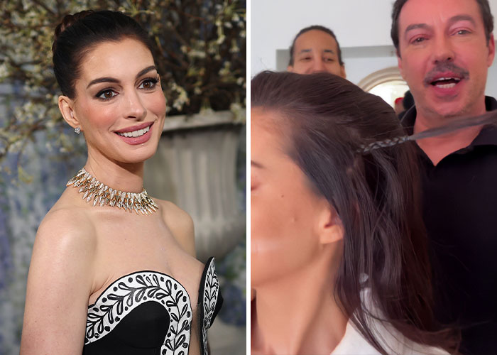 Anne Hathaway shows off potential plastic surgery at the Met Gala 2026, while a stylist braids her hair.