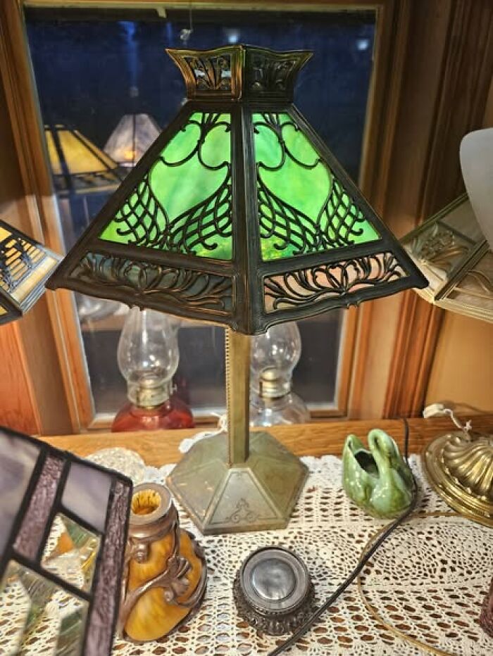 Vintage lamp with green stained glass square shade and intricate metal frame