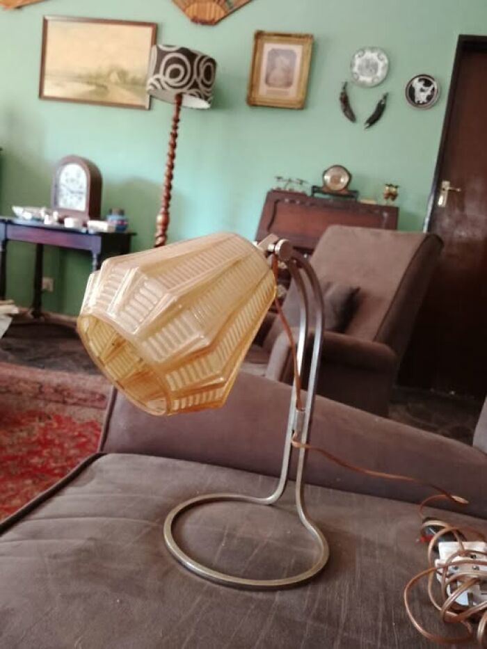 Vintage secondhand lamp with geometric beige glass shade and silver metal stand