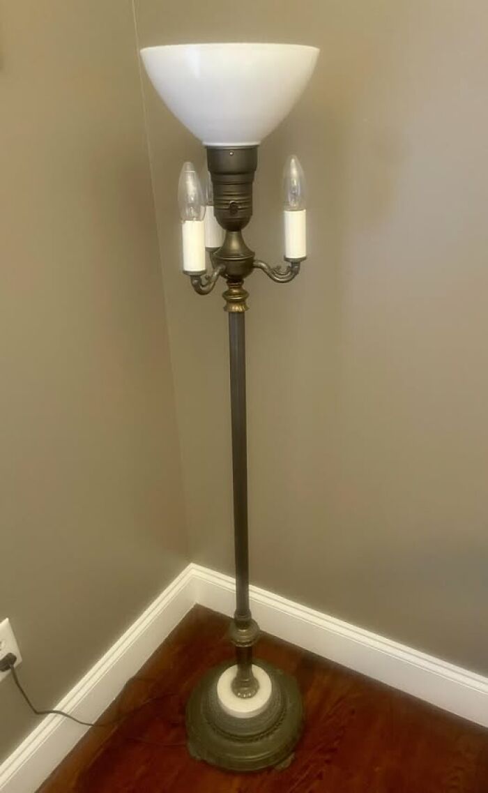 Tall vintage secondhand floor lamp with white glass shade and candle style bulbs