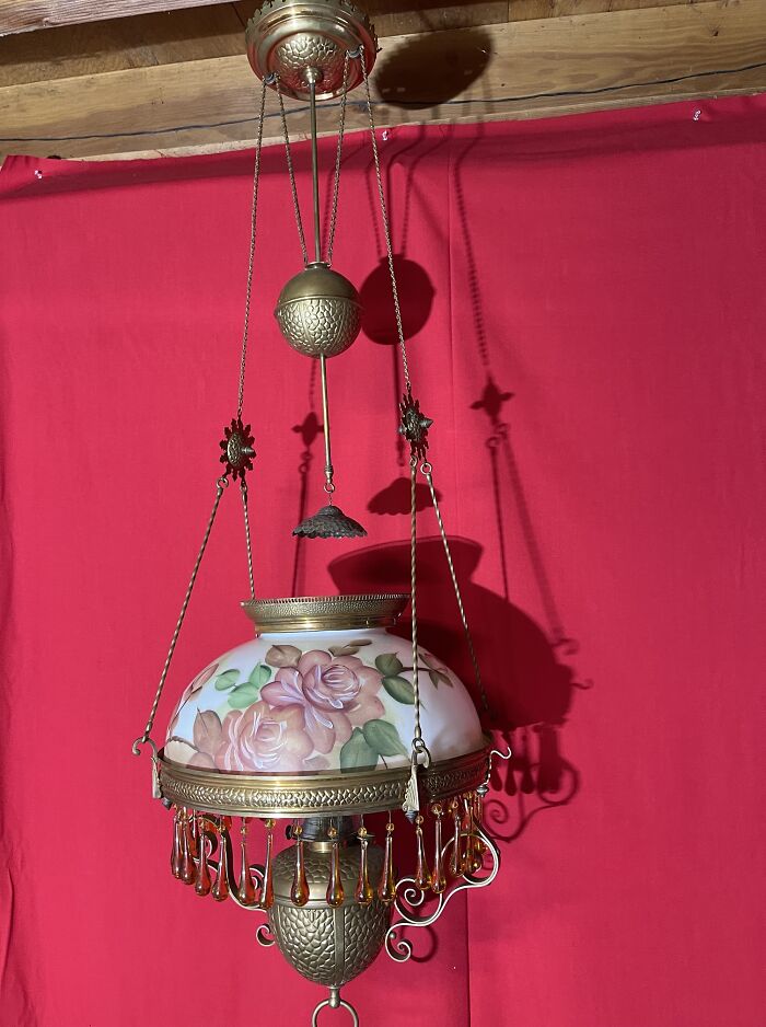 Decorative vintage secondhand hanging lamp with floral glass shade and chains