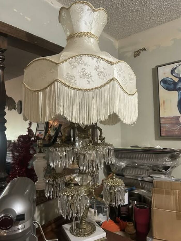 Antique vintage secondhand fringe and crystal chandelier lamp with fabric shade
