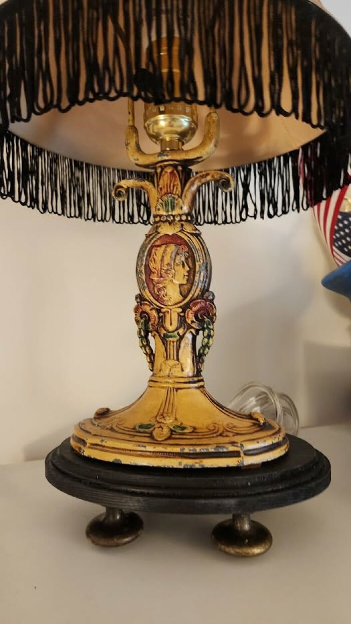 Ornate vintage secondhand lamp with hand-painted classical decoration