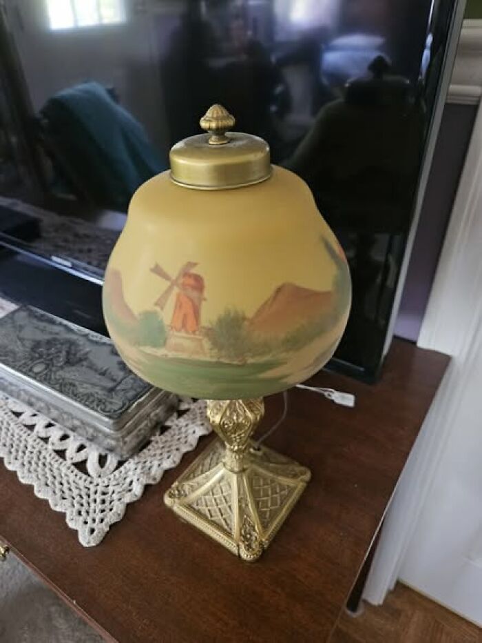 Vintage secondhand table lamp with painted glass shade and ornate brass base