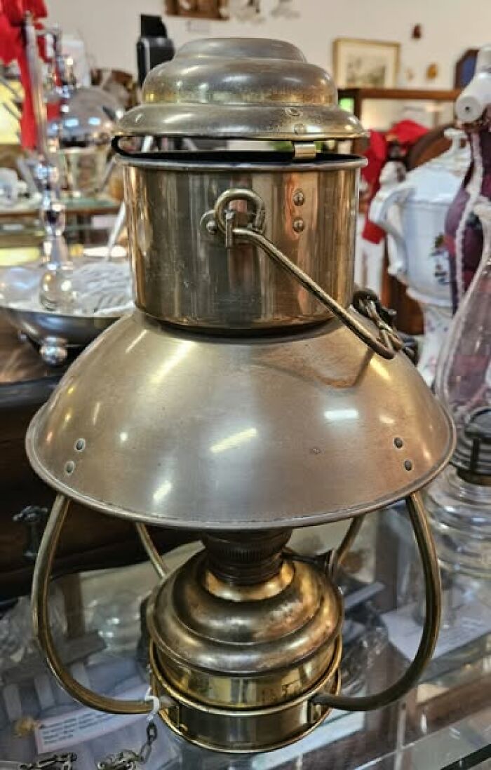 Antique vintage secondhand metal oil lamp with protective shade