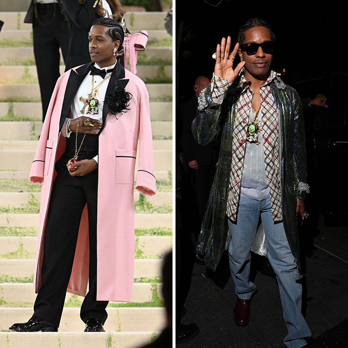 A$AP Rocky's Met Gala fashion transformation: from a pink overcoat and black tie to a shimmery coat and jeans.