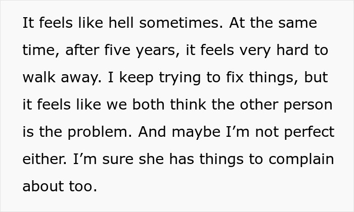 Text from an online post discussing marital struggles, reflecting on how his wife behaves, five years in a challenging marriage.