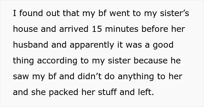 Text detailing a sister's affair, revealing a breakup and emotional pleas within the family.