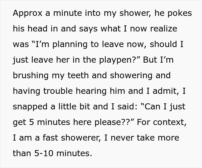 Text about shower interruption and asking for 5 minutes alone Text about shower interruption and asking for 5 minutes alone