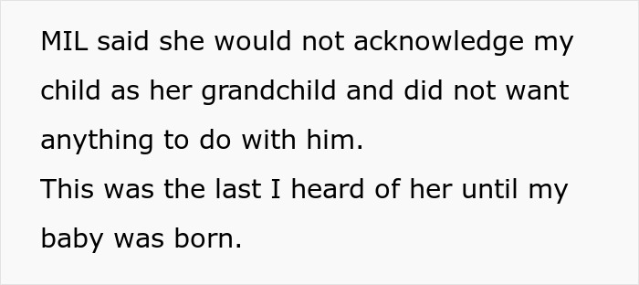 Text post detailing an MIL disowning her grandchild. My baby will burn in hell. Unhinged MIL.