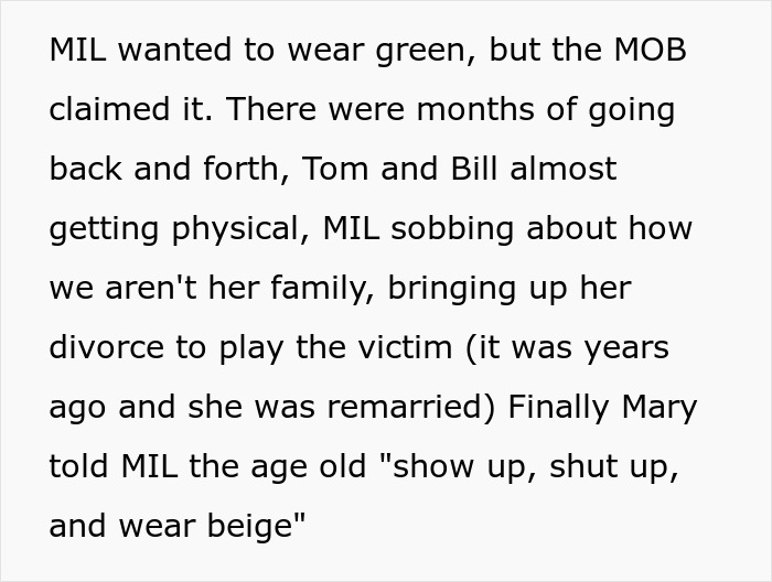 MIL Throws A Pity Party Over Not Wearing Green For Son's Wedding, Plans To Switch Dresses Anyway MIL Throws A Pity Party Over Not Wearing Green For Son's Wedding, Plans To Switch Dresses Anyway