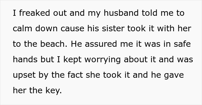Text screenshot describing a woman's frustration with her irresponsible sister-in-law taking something to the beach.