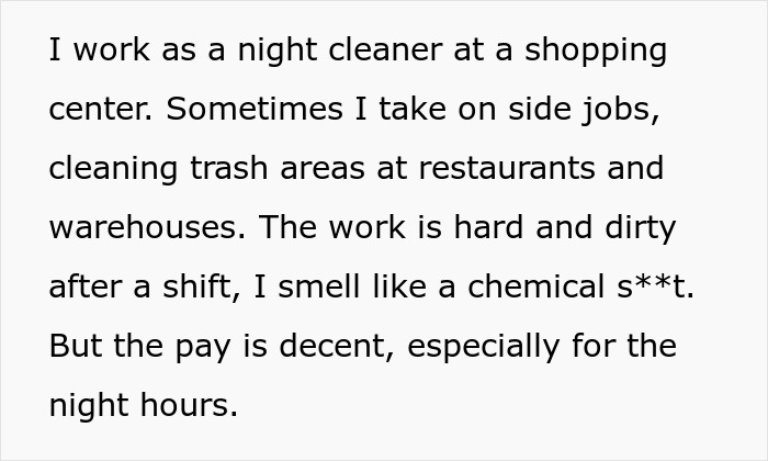 A text snippet describes the hard, dirty, but decently paid work of a "family driver" or night cleaner, highlighting the shame.