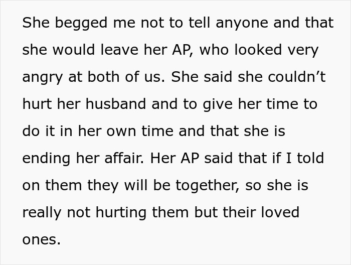 Text describing a woman's affair, emotional pleas, and a breakup, highlighting family drama.