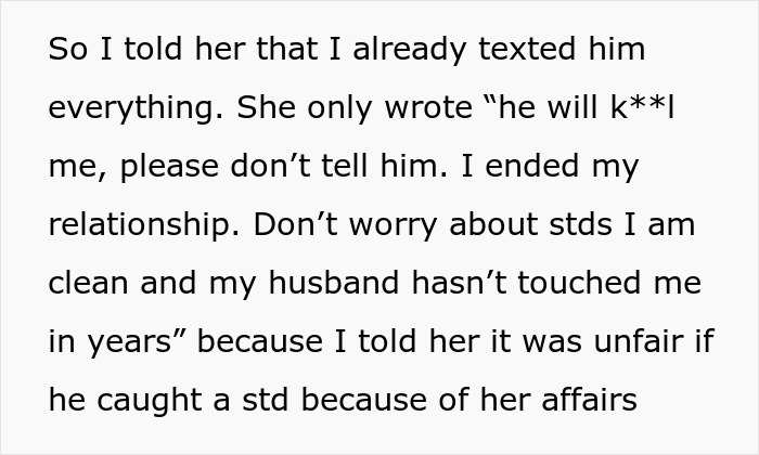 Text about an affair and breakups triggering family drama. The husband knew about the affair and triggered breakups.