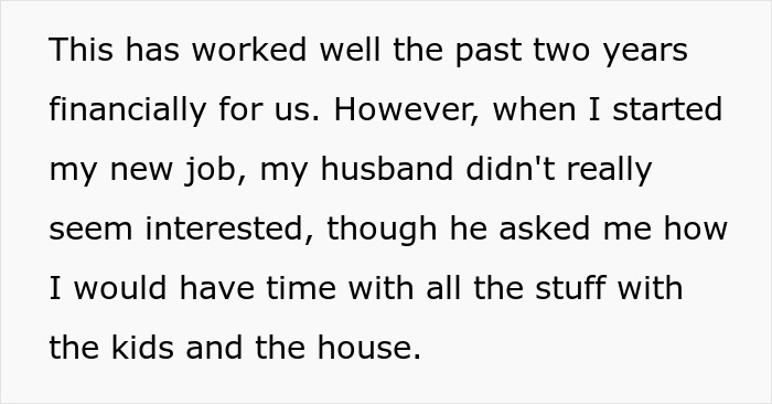 A block of text detailing a wife's frustration about her husband's lack of interest in her job, a key element of the Wife's Job story.