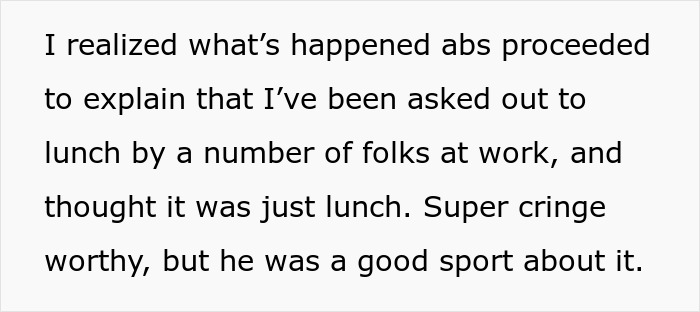 Text describes a coworker lunch turning into a date, creating a cringe-worthy but resolved situation.