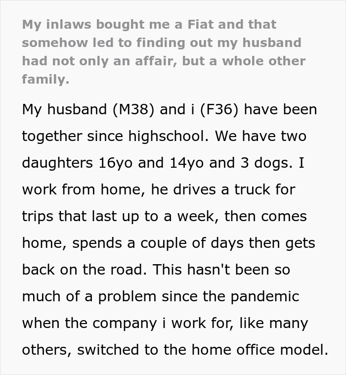 Woman Questions Why Hubby Hates Her New Car So Much, The Answer Comes With A Second Family Attached