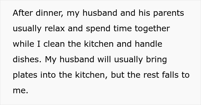 Text about housework after dinner while husband relaxes with in-laws Text about housework after dinner while husband relaxes with in-laws