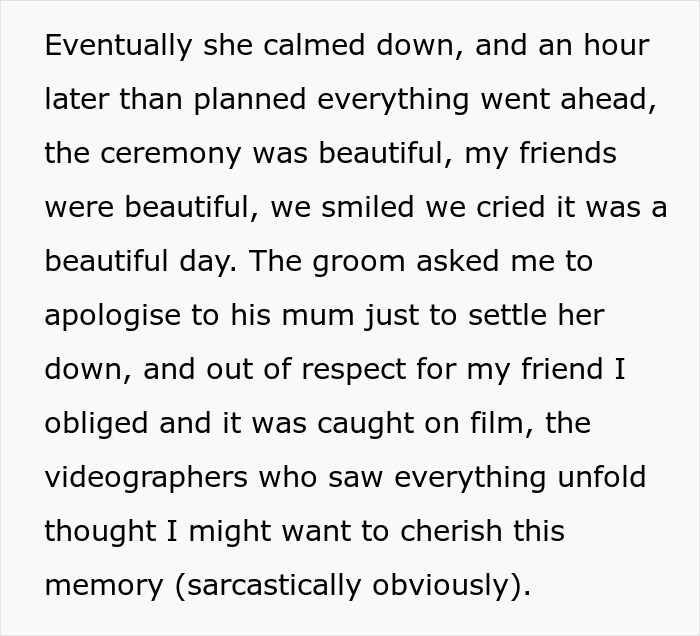Text describing wedding ceremony proceeding despite mother in law's tantrum Text describing wedding ceremony proceeding despite mother in law's tantrum