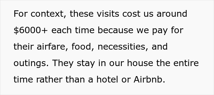 Text explaining high cost of in-laws' visits including airfare and food Text explaining high cost of in-laws' visits including airfare and food